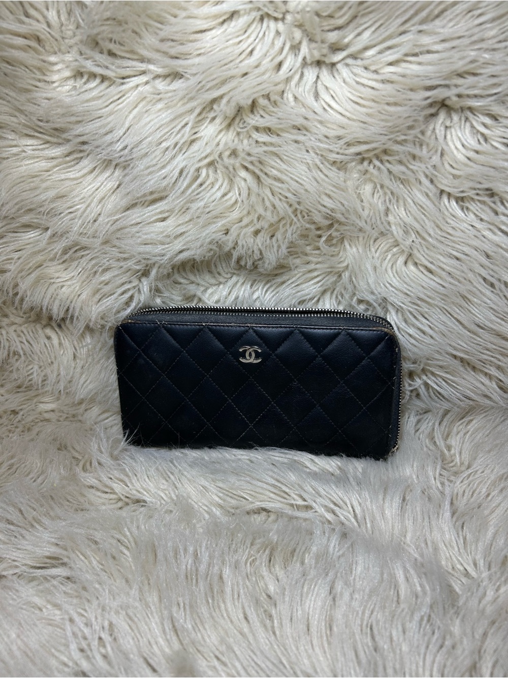 CHANEL Black Quilted Zip-Around Wallet with Silver CC